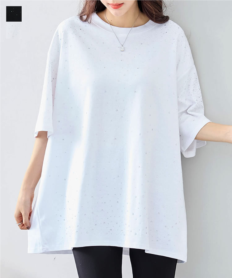 【送料無料】ラインストーンカットソーチュニック◆レディース カットソー チュニック トップス ワイド ロング丈 ラインストーン 綿 コットン 5分袖 フレア シルエット クルーネック 丸首 カジュアル 無地 大人 春 夏 秋