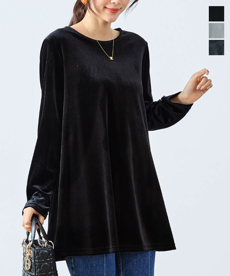 【送料無料】バックリボンベロアフレアチュニック◆レディース チュニック ベロア フレア aライン ワンピース ラウンドネック 丸首 長袖 バックリボン ゆったり 大きいサイズ ストレッチ 体型カバー ソフト 無地