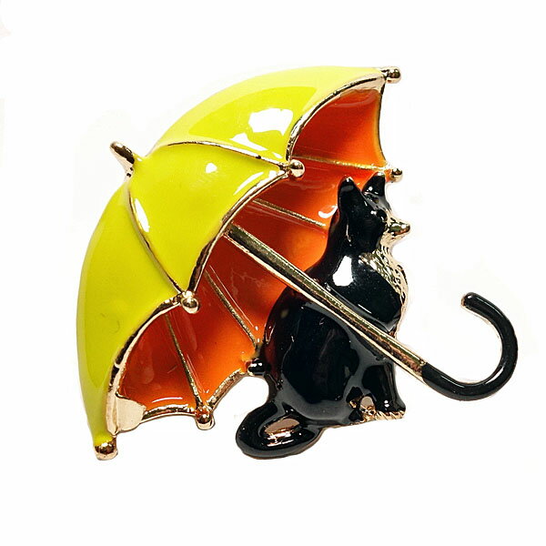 ピンズ ピン バッジ ブローチ バッヂ ( 黄色 オレンジ 傘 ) クロネコ 黒 ネコ 猫 送料無料