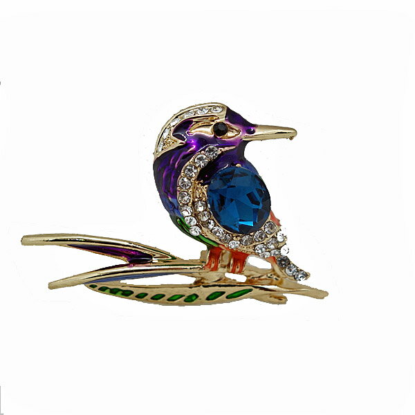 ピンズ ピン バッジ ブローチ バッヂ エナメル ラインストーン(右向き 小鳥 )紫 青 トリ 鳥 送料無料