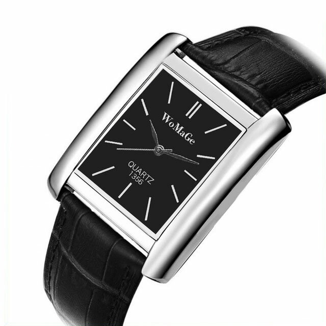 角型　四角 ミニマムデザイン シンプル 3針 メンズ レディース クォーツ腕時計 /黒文字盤 銀ベゼル 黒革ベルト 送料無料