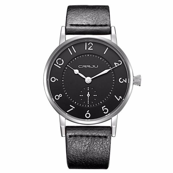 超薄型 ミニマムデザイン シンプル 3針　/CRRJU 2112　メンズクォーツ腕時計 /黒文字盤 銀ベゼル 黒革ベルト 送料無料