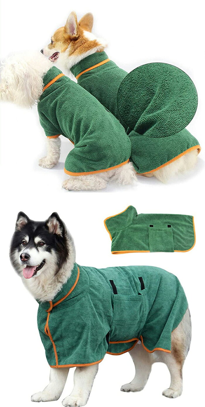スパダリ楽天市場店のペット用バスローブ 吸水 マイクロファイバー L XL 犬用バスタオル 猫 体拭き お風呂上がり 犬用ガウン 体を包み込む ふわふわ ベルト付き 調整可 犬 服 小中大型犬 防寒｜アングル2