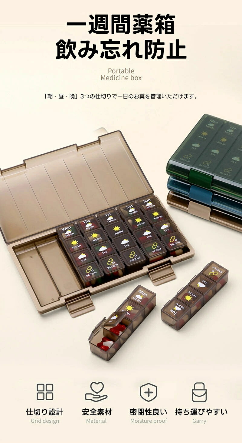 【限定sale】薬ケース ピルケース 1週間 大きめ 1日4回 1日3回 朝昼晩 薬 箱 高齢者 防湿 携帯用 サプリメントケース 小型 仕切り 薬入れ 携帯用 くすり整理 薬保存 飲み忘れ防止 密閉 防湿 防水 軽量 軽量 持ち運び 旅行 通勤 numan-10017832 スパダリ楽天市場店 サンプル画像2
