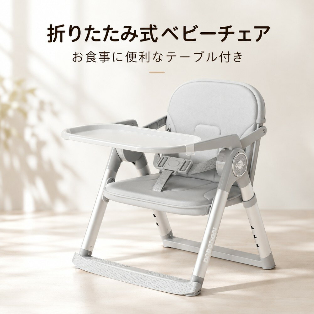 折りたたみ式ベビーチェア 毎日のお食事を、もっと快適に。 毎日の暮らしに寄り添うベビーチェア お子さまとのお食事時間を、もっと楽しく、もっと快適に。 折りたたみ収納や4段階の高さ調節、便利な二重トレーなど、毎日の使いやすさを考えたベビーチェアです。 お好みに合わせて、2種類のクッションタイプと3色のカラーからお選びいただけます。 商品のおすすめポイント 4段階の高さ調節 脚部の調節機構により、座面の高さを4段階に調節できます。 お子さまの成長や使用シーンに合わせてお使いいただけます。 コンパクトに折りたたみ収納 使わないときは折りたたんで、すっきり収納。 リビングやダイニングなど、限られたスペースにも置きやすい仕様です。 便利な二重トレー お食事や遊びの時間に便利な二重トレーを採用。 上段トレーは取り外し可能で、食べこぼしなどで汚れた際もお手入れしやすくなっています。 アルミ合金フレーム フレームにはアルミ合金を使用。 シンプルなデザインで、お部屋のインテリアにも自然になじみます。 安全ベルト付き お子さまの体を固定するベルトを備えています。 ご使用時は、ベルトを正しく装着してください。 選べる2タイプ タイプ1 通常クッションタイプ すっきりとしたシンプルなデザイン。毎日のお食事や遊びの時間に使いやすいタイプです。 タイプ2 厚手クッションタイプ 背もたれと座面に厚手のクッションを備えた、ふっくらとした座面が特長のタイプです。 カラーバリエーション グレー / アイボリー / ブラック 落ち着いた3色から、お好みのカラーをお選びいただけます。 ※タイプによってクッションのデザインが異なります。 商品仕様 商品名 折りたたみ式ベビーチェア タイプ タイプ1 / タイプ2 カラー グレー / アイボリー / ブラック 本体サイズ 約43×36×48cm 折りたたみ時 約41×9cm 耐荷重 25kg 高さ調節 4段階 トレー 二重トレー（上段取り外し可能） フレーム素材 アルミ合金 主な素材 PP、アルミ合金 クッション 通常タイプ / 厚手タイプ ご購入前にご確認ください ・ご使用前に、各部が正しく固定されていることをご確認ください。 ・お子さまを座らせる際は、必ず安全ベルトを正しく装着してください。 ・必ず保護者の目の届く場所でご使用ください。 ・お子さまを座らせたまま、本体を移動させたり、高さを調節したりしないでください。 ・平らで安定した場所に設置してください。 ・耐荷重を超えて使用しないでください。 ・お子さまの発育状況に合わせて、適切にご使用ください。 ・上段トレーを取り外す際は、取扱説明書に従って操作してください。 ・サイズは測定方法により多少の誤差が生じる場合があります。 ・商品の色合いは、モニター環境や撮影時の照明により実物と多少異なる場合があります。