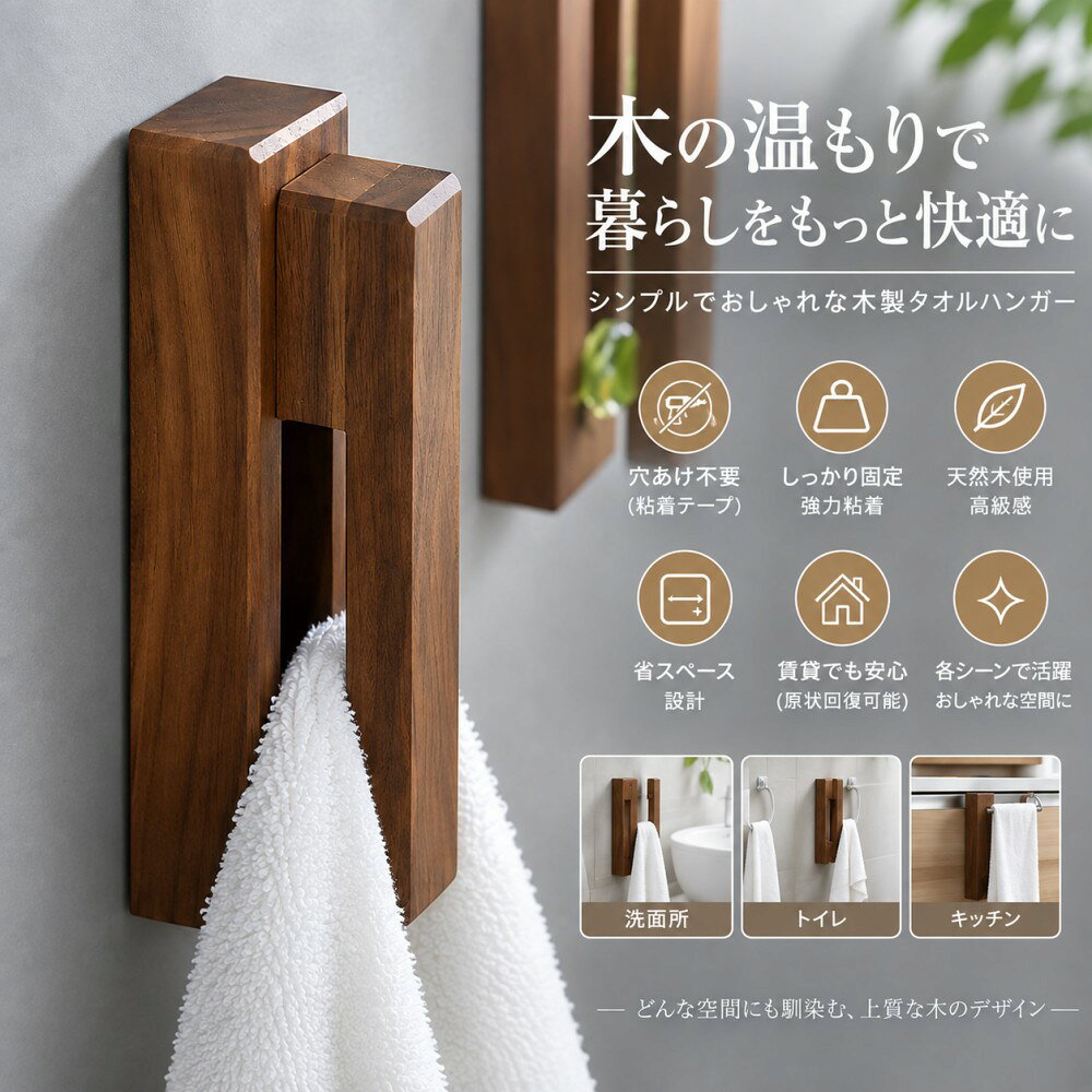 商品詳細 商品情報 ・インテリアに馴染むおしゃれでシンプルなデザイン。 ・ハンガー内のビー玉にタオルをかけて楽々固定。 ・天然木を使用した美しい木目の質感。 ・コンパクトで場所を取らないスリム設計。 ・ハンガー裏側の接着剤で壁に貼り付けて固定出来ます。 ダークブラウン：クルミの木を使用 ライトブラウン：ブナの木を使用 関連ワード 洗面所 キッチン 壁付け 挟む スリム おしゃれ 粘着 コンパクト トイレ 木 木製 ウッド 薄型 ウォールナット 壁 かわいい 可愛い クリップ 個性的 高級 省スペース シンプル 強粘着 粘着テープ ネジ不要 貼り付け 貼る 細い 無垢 安い 冷蔵庫 台所 脱衣所 大理石 ブナ クルミ 便利 家族 洗面 粘着タイプ 穴開けない 両面テープ タオル掛け タオル ホルダー ウォルナット ご注意 ●不良の場合、注文番号をご記載の上、メールにてご連絡いただければ対応させていただきます。 ●本製品を分解や修理、改造をしないでください。 ●写真撮影の照明や、画像処理の加減により実物の色味と若干異なる場合もございます。あらかじめご了承の上ご購入下さい。 ●生産時期によって、商品の仕様や外装デザインがご通知なく変更される可能性がございますので、予めご了承のうえ、ご注文ください。 ●地域によっては配送業者が異なる場合がございます。