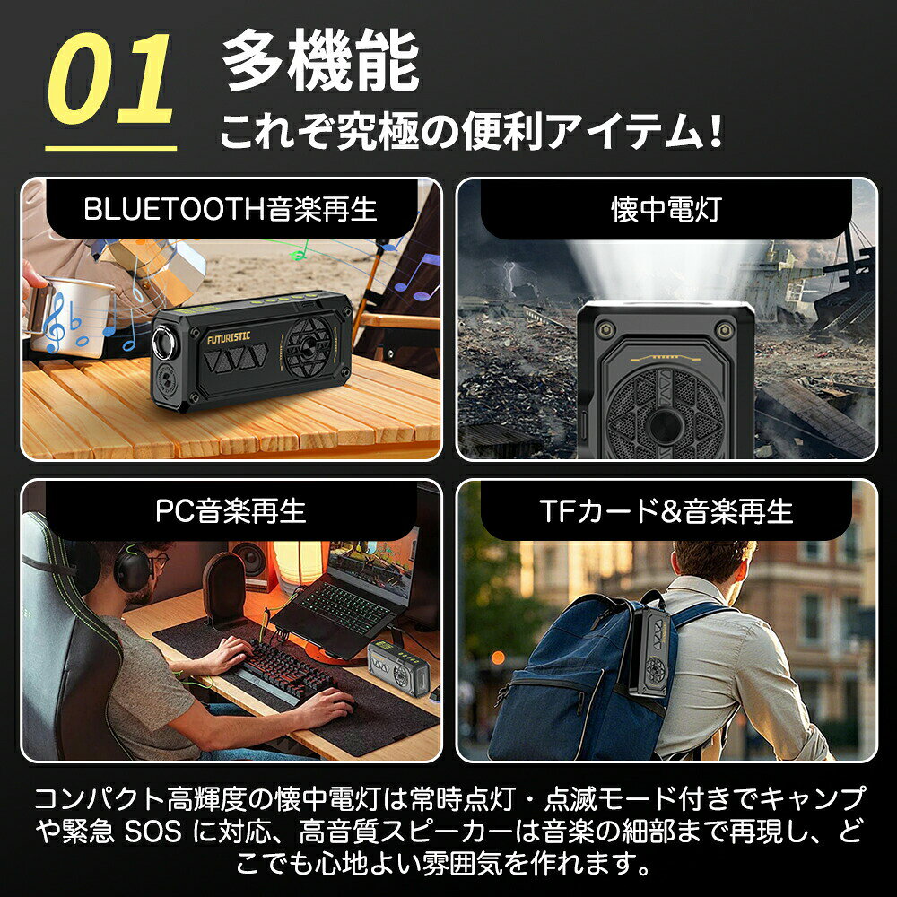 スパダリ楽天市場店のソーラー充電式スピーカー ポータブルスピーカー Bluetooth5.4 ワイヤレススピーカー 懐中電灯付 多機能ソーラースピーカー 高音質 小型 防水 TFカード再生 ライト内蔵 キャンプ アウトドア ワイヤレス ポータブル｜アングル3