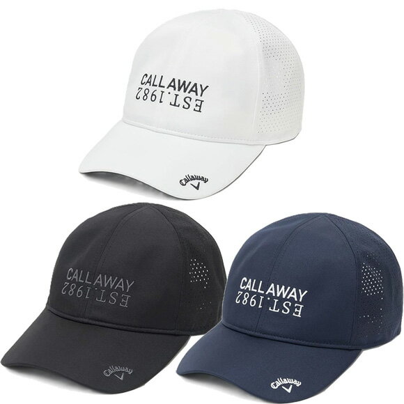 　Callaway 重量約60gの超軽量キャップ。背面のパンチングメッシュで蒸れ感も軽減。日差しをしっかりガードしながらもまるで被っていないような、快適なかぶりごこちのキャップです。黒色のツバ裏が光の反射を抑えます。スポーティーなCALLAWAY EST.1982ロゴ刺繍とツバ先のミニロゴ刺繍がスポーティさを演出します。　 機能スベリ（吸汗速乾） ソフトツバ ロゴ刺繍 素材: ポリエステル 100% 商品サイズ（仕上がり寸法） FR: 頭頂から裾までの長さ 17.5cm / つば 7.5cm / 頭周り 58cm