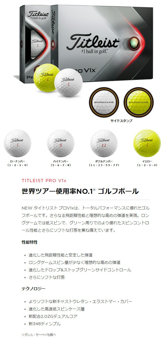 タイトリスト 2021 PRO V1x　ボール　日本仕様　[Titleist プロ V1x GOLF BALL ローナンバー ハイナンバー　ダブルナンバー イエロー　ゴルフ]