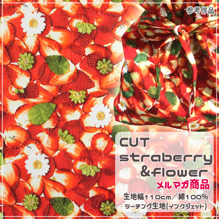CUT straberry&flower メルマガ商品 シーチング生地(インクジェット) ハンドメイド 手作り チュニック 雑貨 いちご デジタルプリント リアル かわいい 布地 50cm単位