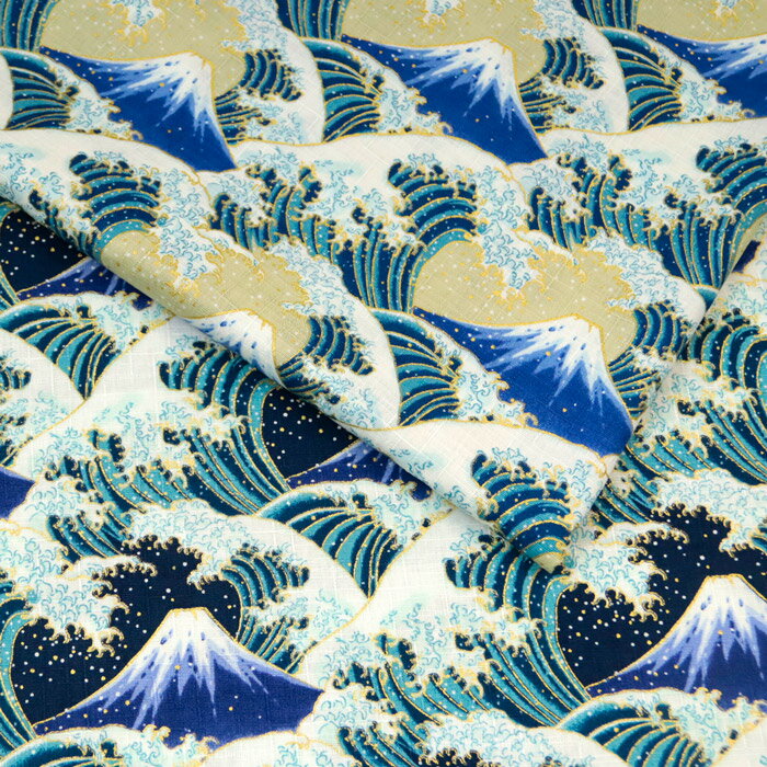 ≪無料レシピ有≫富士山と波 ドビー生地 富士 和柄 民芸 波柄 アロハシャツ かっこいい 和雑貨 ステテコ 甚平 ハンドメイド 裁縫 布地 50cm単位