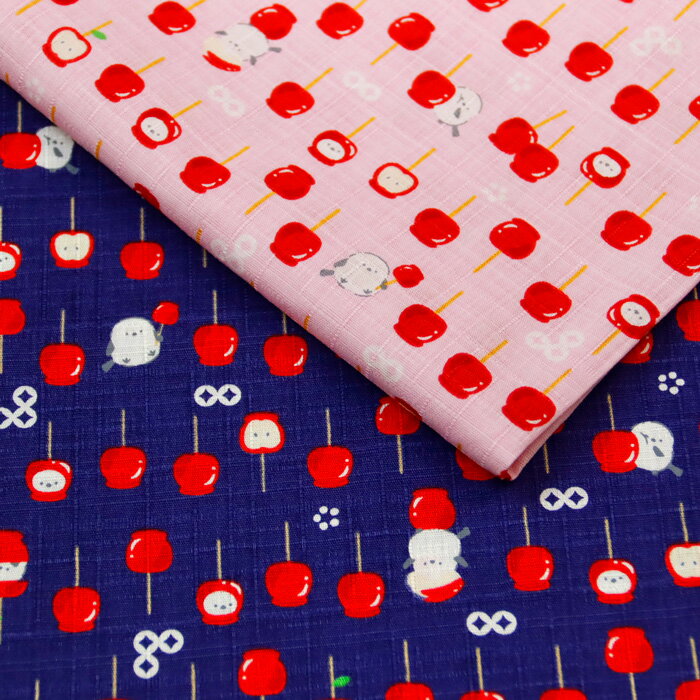 リンゴ飴とシマエナガ メルマガ商品 ドビー生地 甚平 浴衣 巾着バッグ シャツ 和柄 巾着 がま口 人気 ハンドメイド 裁縫 手作り 布地 50cm単位