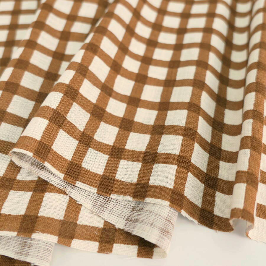 Rakuten - 麻みたいなコットン生地 チェック柄 (ブラウン) 10cm単位 切り売り