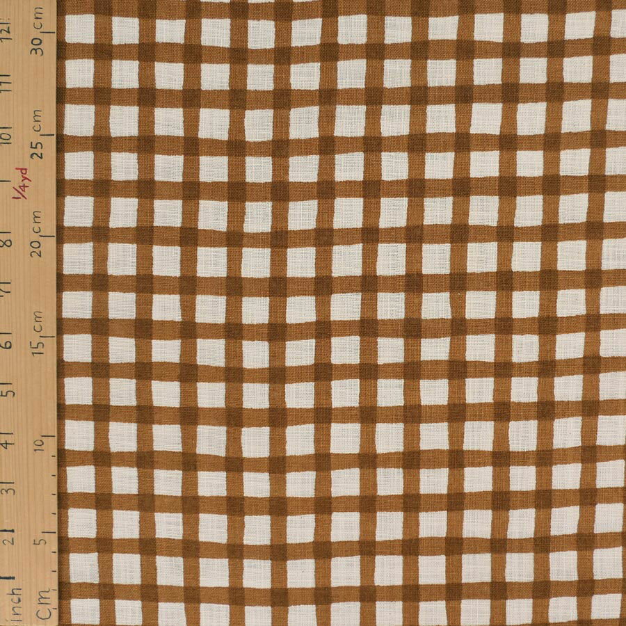 麻みたいなコットン生地 チェック柄 (ブラウン) 10cm単位 切り売り