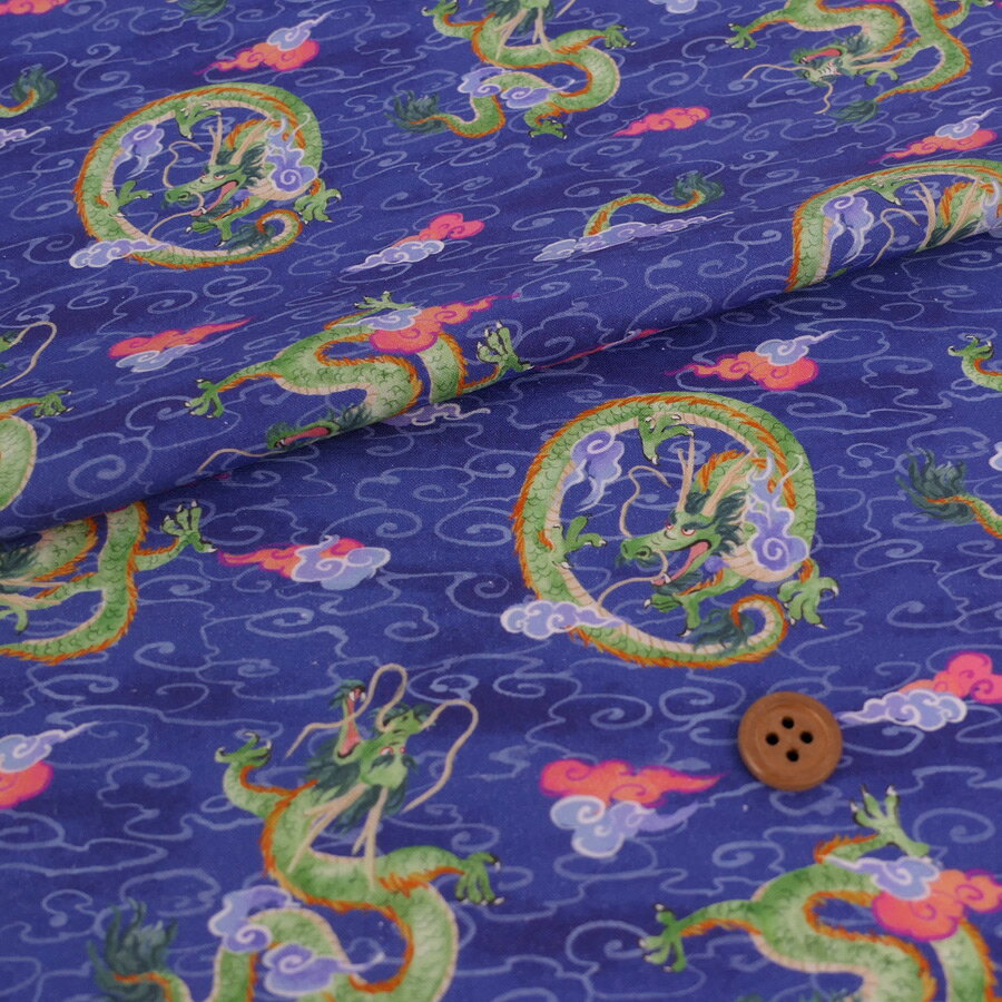 幾何圖案 - 和柄コットン生地 雲海の龍(青) 10cm単位 切り売り