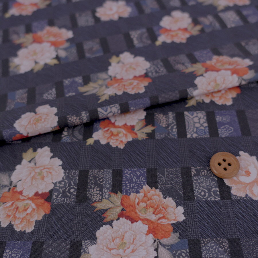 乐天商城 - 和柄コットン生地 変わり格子に牡丹(グレー) 10cm単位 切り売り