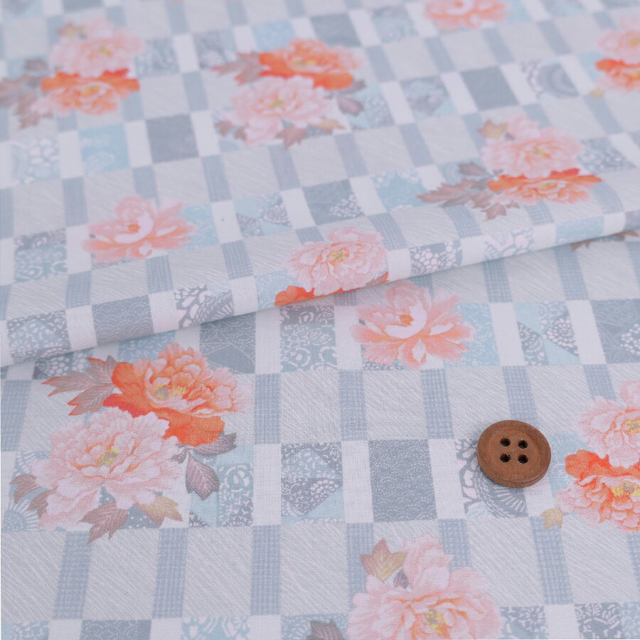 乐天商城 - 和柄コットン生地 変わり格子に牡丹(ライトブルー) 10cm単位 切り売り
