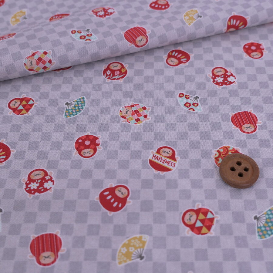 Rakuten - 和柄コットン生地 市松にだるまと扇子(グレー) 10cm単位 切り売り