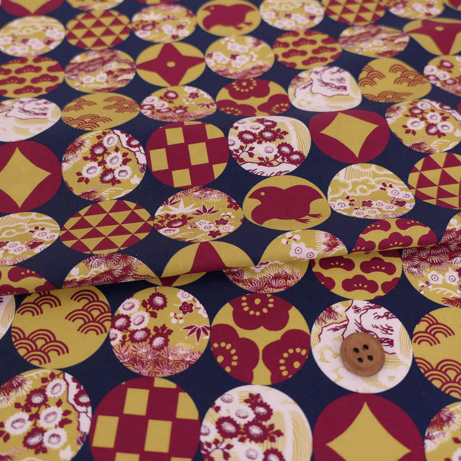 Rakuten - 和柄コットン生地 円窓に吉祥模様(濃紺/からし) 10cm単位 切り売り