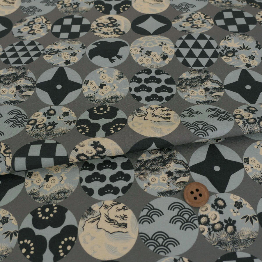 Rakuten - 和柄コットン生地 円窓に吉祥模様(灰色) 10cm単位 切り売り