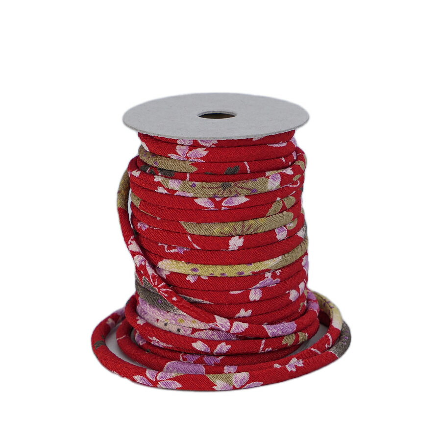 ちりめん丸ひも・柄・3ミリ(実寸約3-4ミリ) 桜祭・赤 10cm単位 切り売り