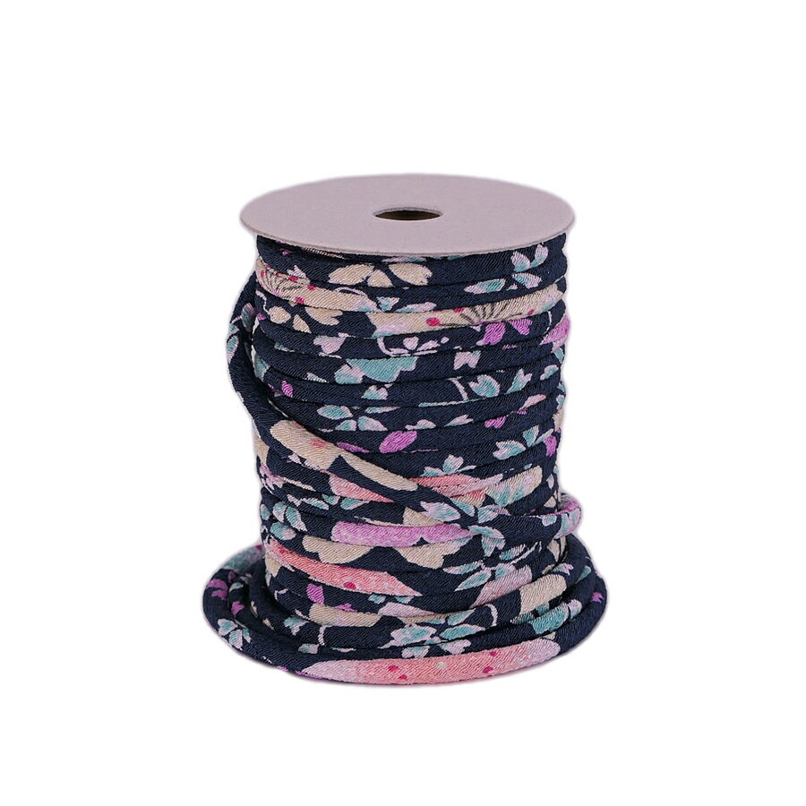 ちりめん丸ひも・柄・3ミリ(実寸約3-4ミリ) 桜祭・紺 10cm単位 切り売り