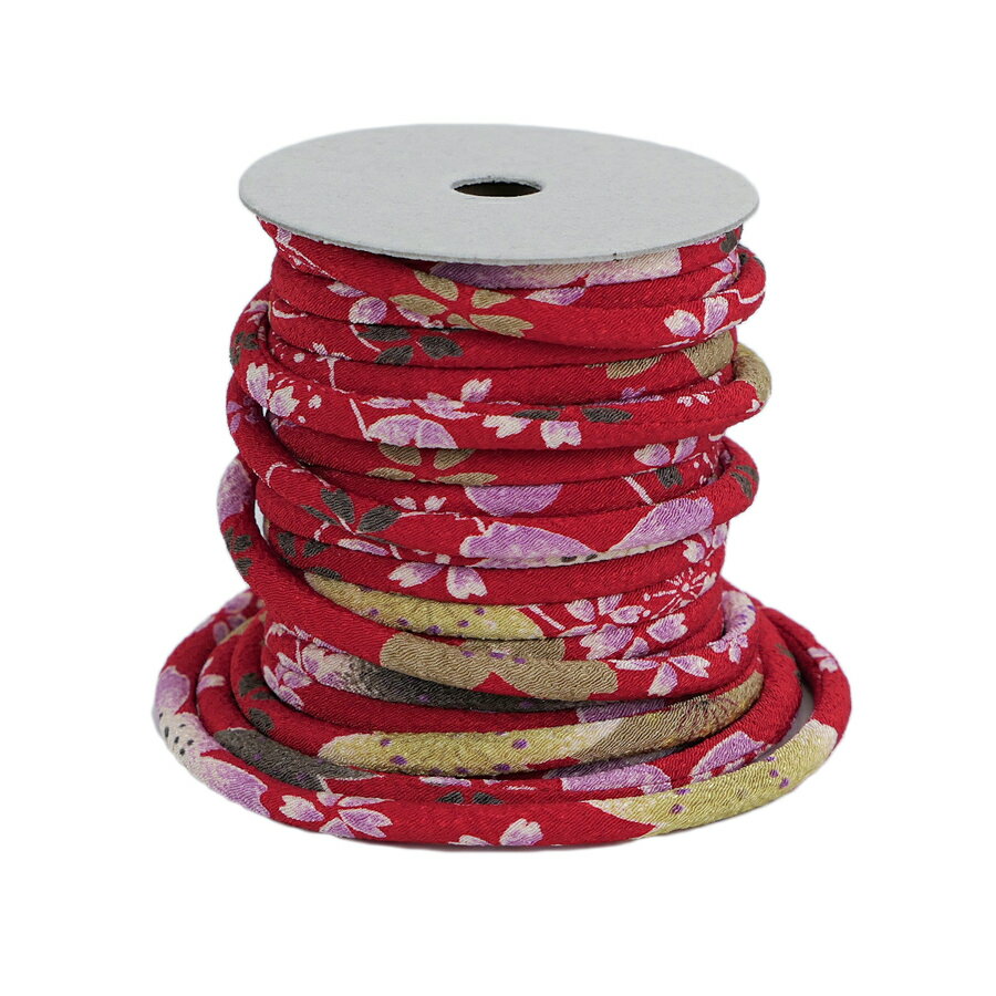 ちりめん丸ひも・柄・4ミリ(実寸約4-6ミリ) 桜祭・赤 10cm単位 切り売り