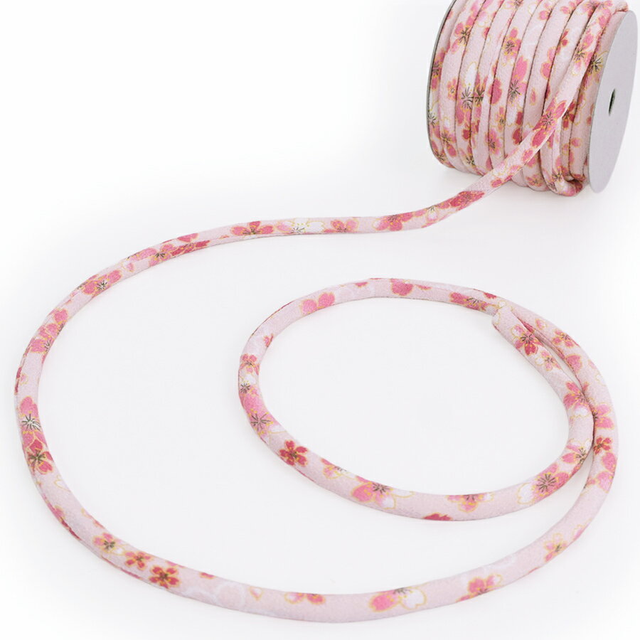 ちりめん丸ひも・柄・8ミリ(実寸約8-10ミリ) おぼろ桜・ピンク 10cm単位 切り売り