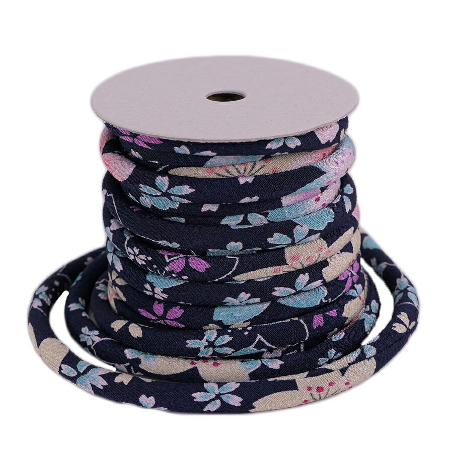 ちりめん丸ひも・柄・8ミリ(実寸約8-10ミリ) 桜祭・紺 10cm単位 切り売り