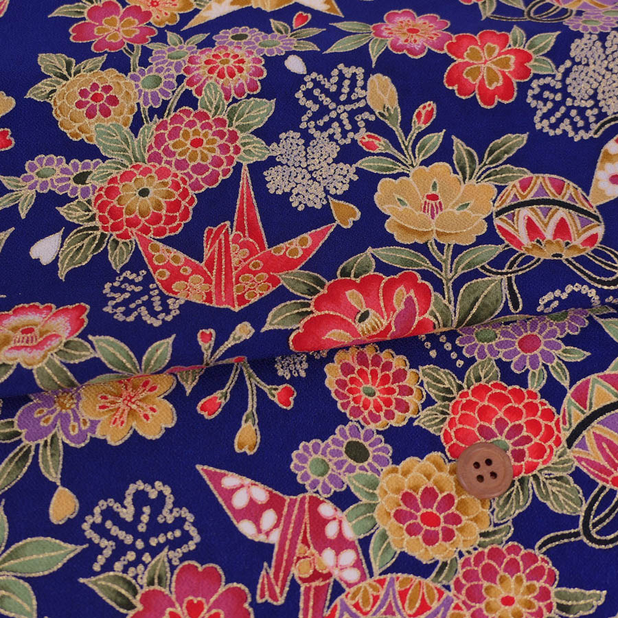 Rakuten - 金箔一越ちりめん 折鶴と和花(紺青) 10cm単位 切り売り