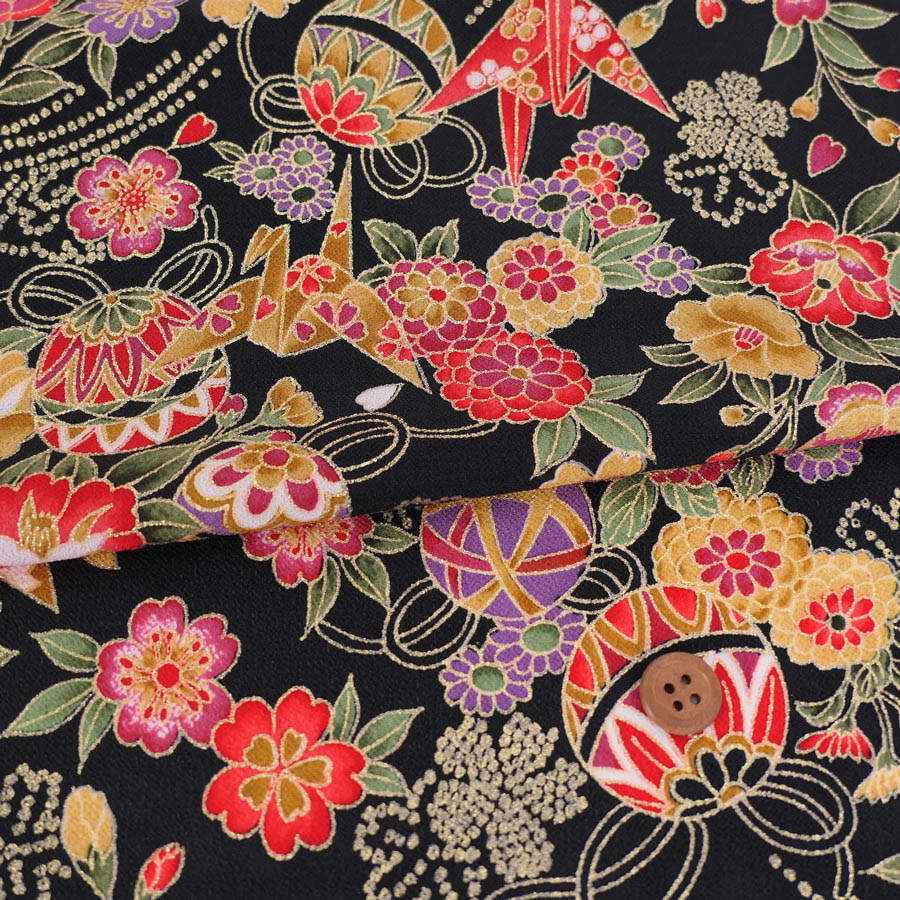 乐天商城 - 金箔一越ちりめん 折鶴と和花(黒) 10cm単位 切り売り