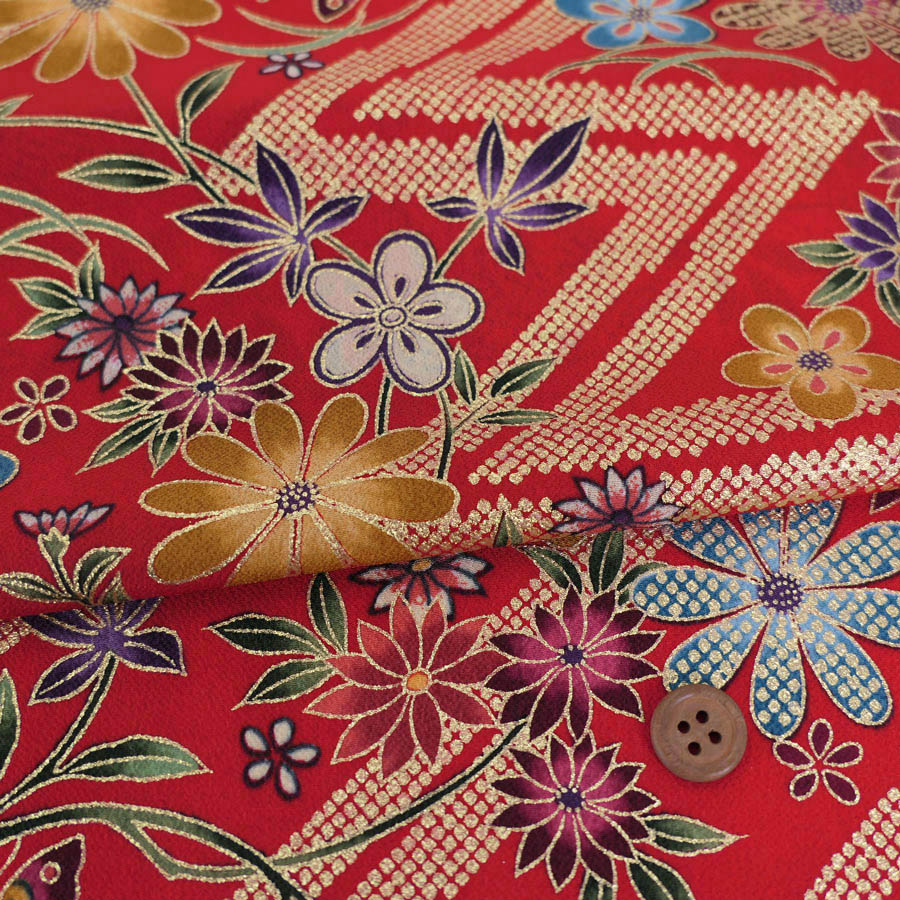 乐天商城 - 金箔一越ちりめん 金の稲妻かのこに花と蝶(赤) 10cm単位 切り売り