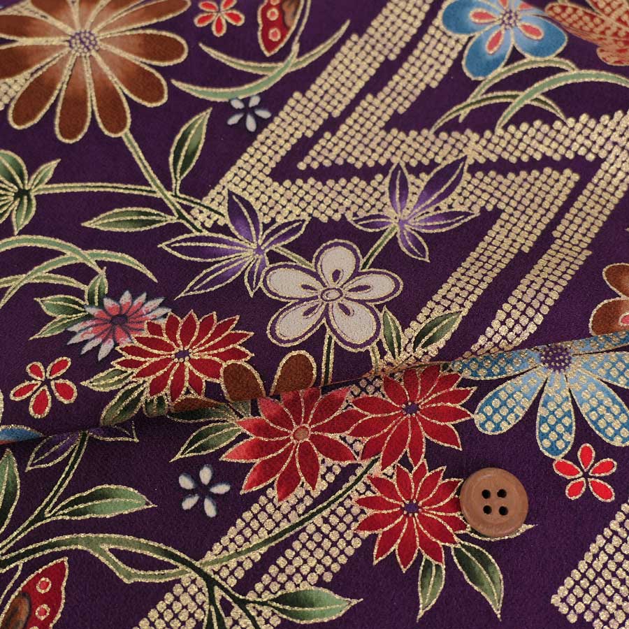 Rakuten - 金箔一越ちりめん 金の稲妻かのこに花と蝶(深紫) 10cm単位 切り売り