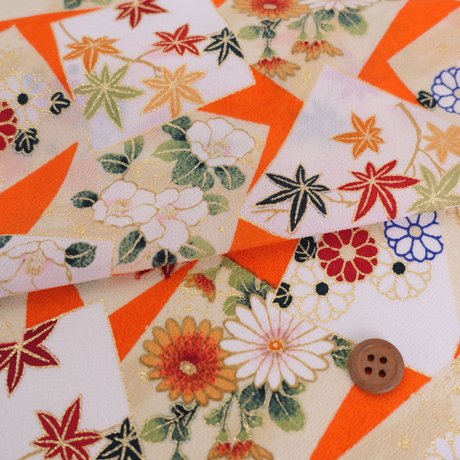 Cotton （Patterned Cloth） - 金箔一越ちりめん 色紙に花と紅葉(橙) 10cm単位 切り売り