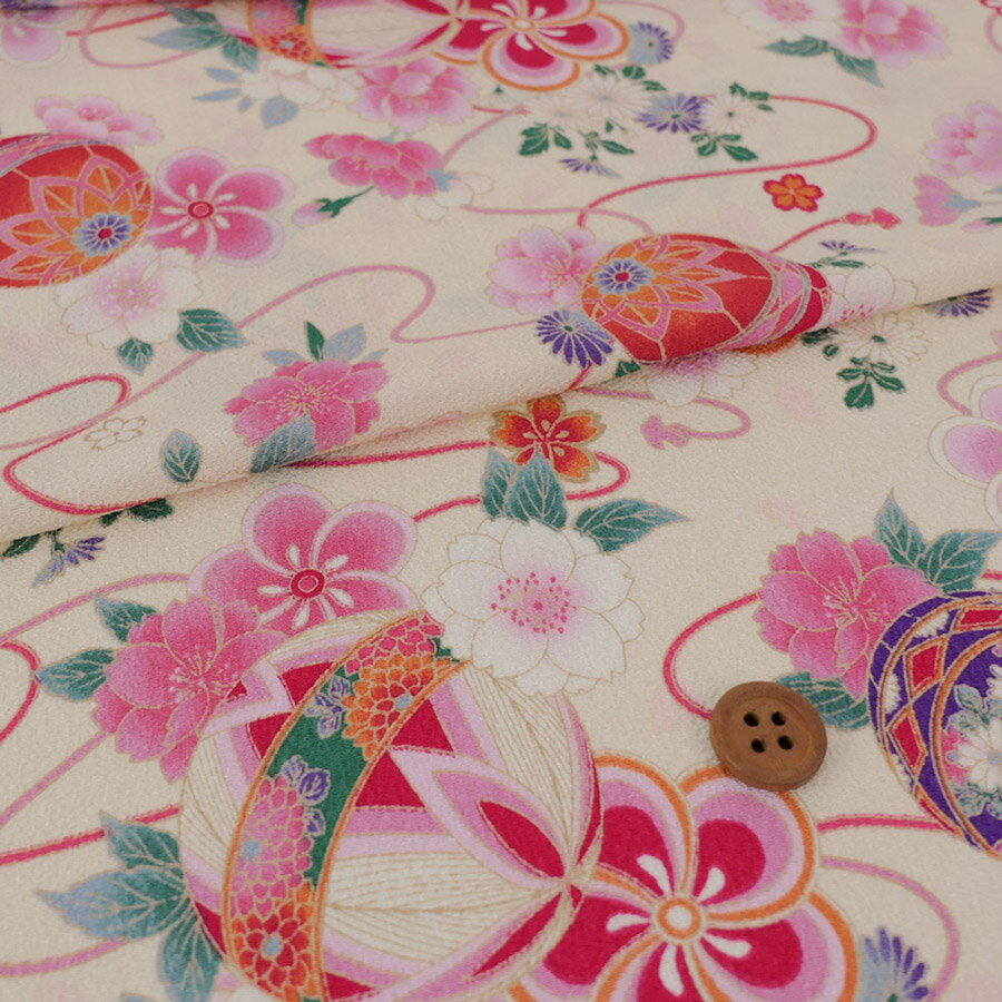 Rakuten - ポリちりめん生地 雅手まり花尽くし(アイボリー/桃) 10cm単位 切り売り