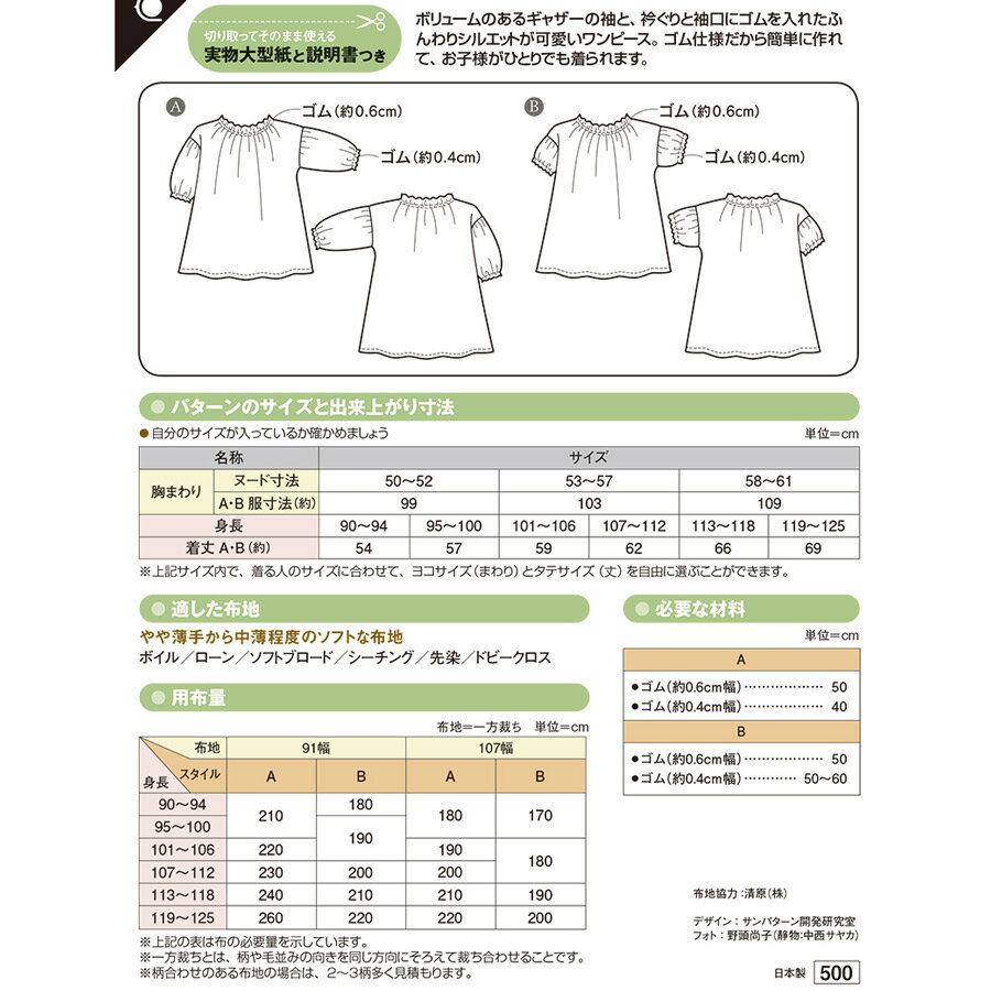 実物大型紙・こどもシャーリングワンピース