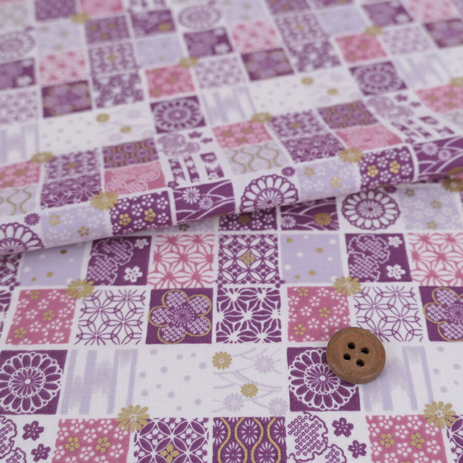 乐天商城 - 和柄コットン生地 市松パッチワーク文様(さくら紫) 10cm単位 切り売り