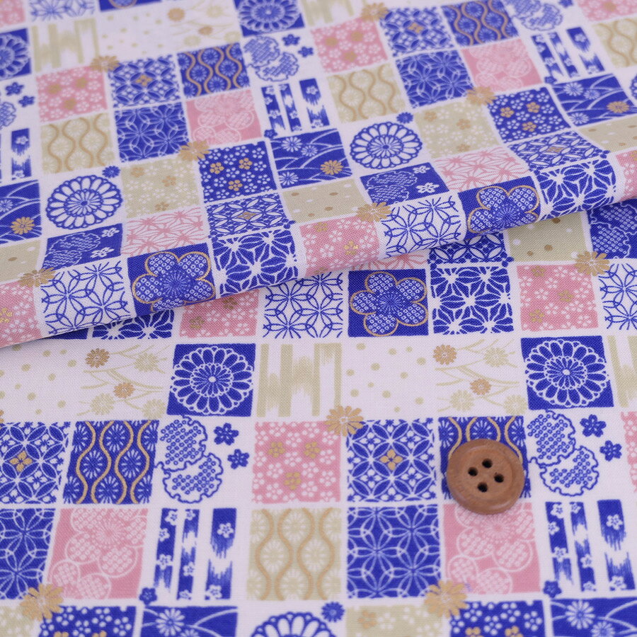 Rakuten - 和柄コットン生地 市松パッチワーク文様(青) 10cm単位 切り売り