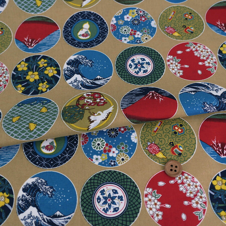 乐天商城 - 和柄コットン生地 丸紋日本めぐり(ベージュ) 10cm単位 切り売り