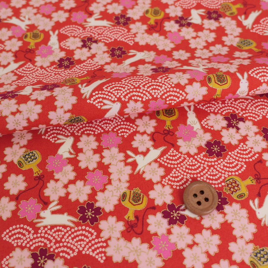 Rakuten - 和柄コットン生地 うさぎと桜の吉祥文様(赤) 10cm単位 切り売り