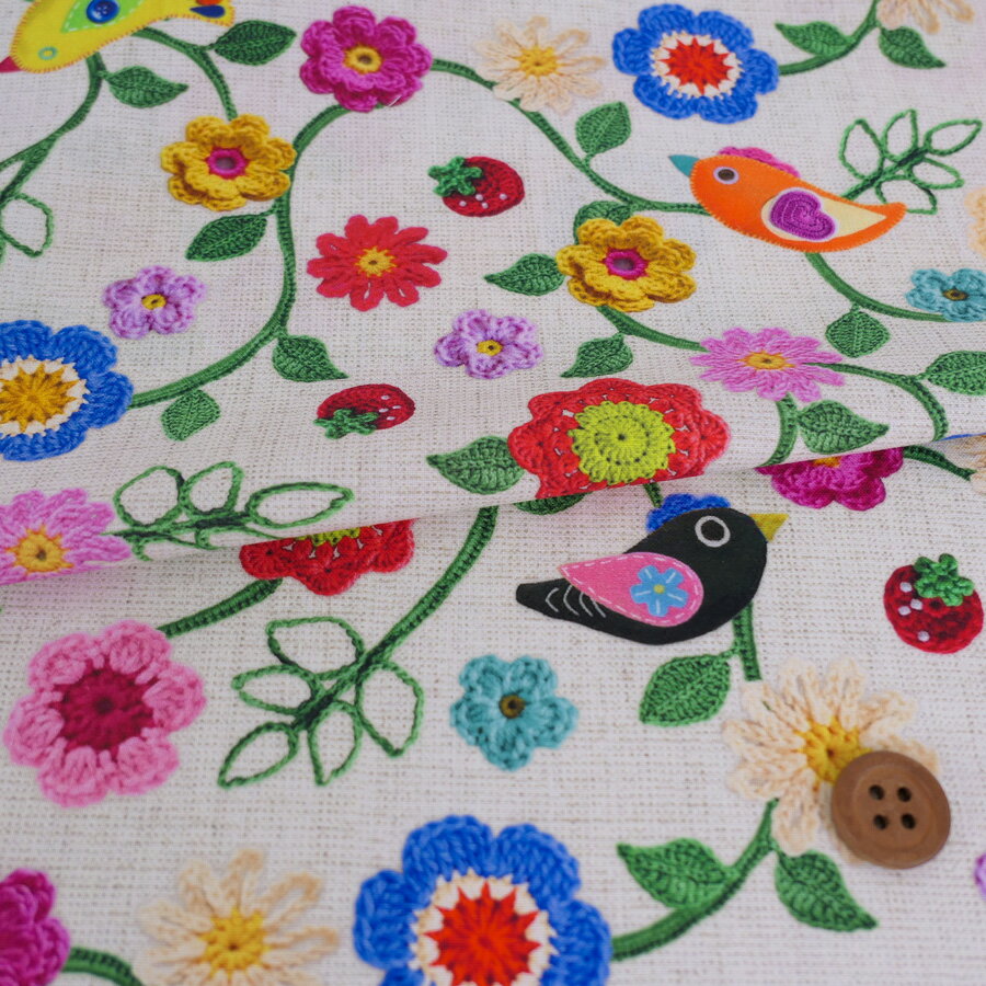 乐天商城 - コットン生地 かぎ編み風の花と小鳥といちご 10cm単位 切り売り