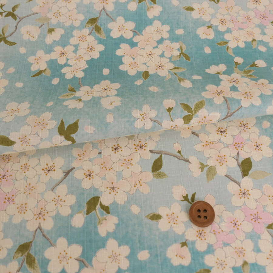 Rakuten - 和柄コットン生地 春霞の桜(空色) 10cm単位 切り売り