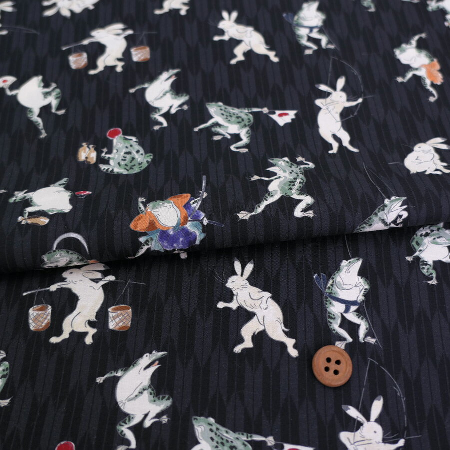 乐天商城 - 和柄コットン生地 鳥獣戯画風うさぎとかえる 10cm単位 切り売り