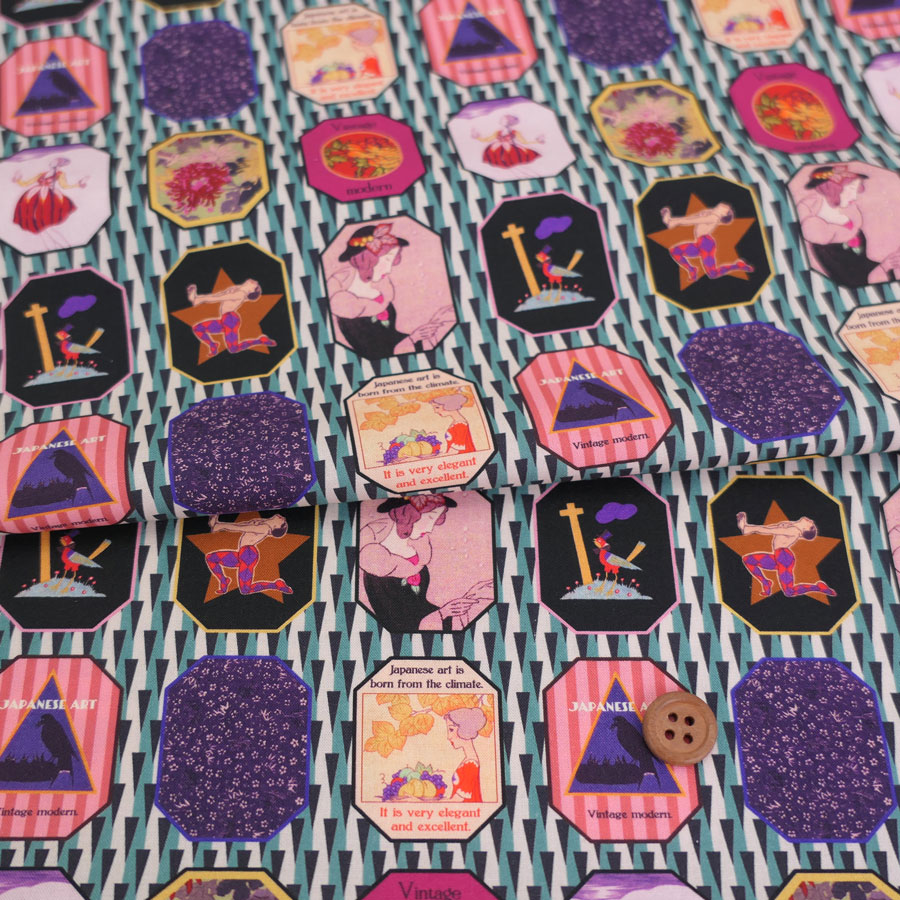 Rakuten - 和柄コットン生地 レトロモダン額絵柄(シック) 10cm単位 切り売り