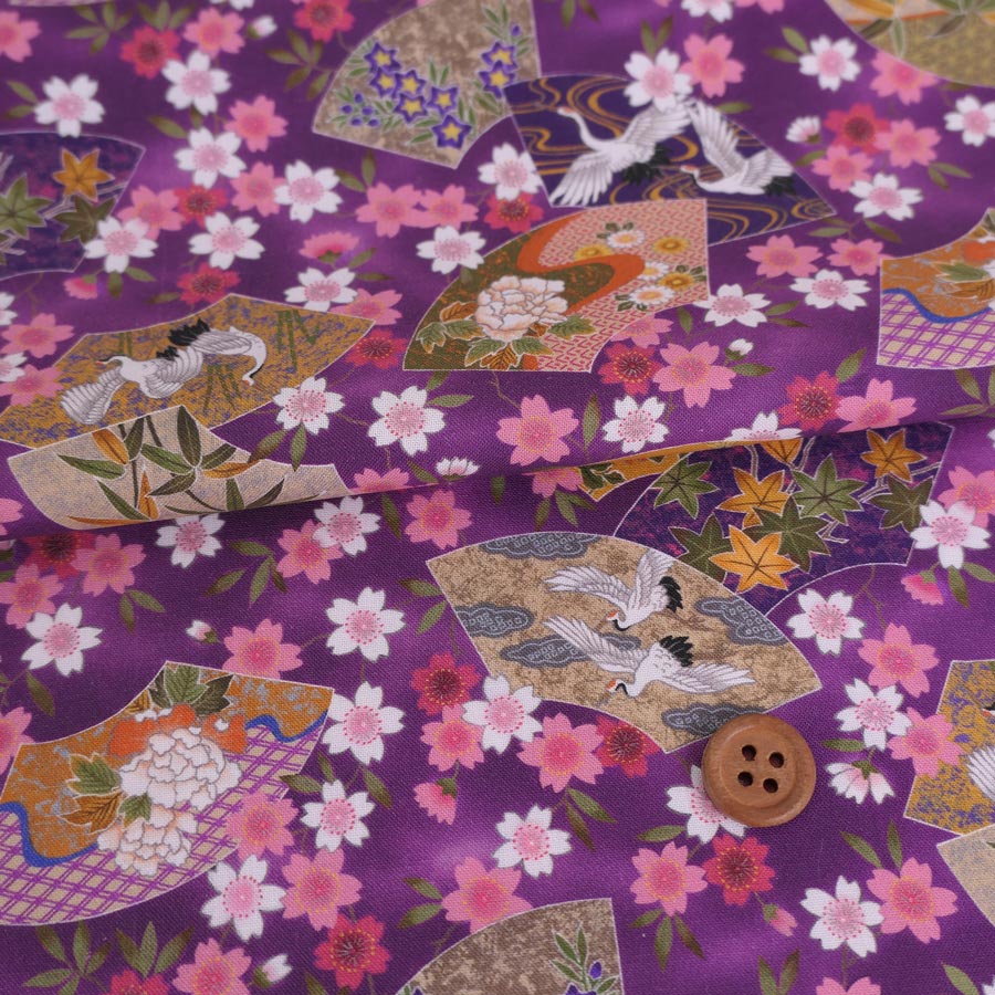 乐天商城 - 和柄コットン生地 桜に雅扇ちらし(紫) 10cm単位 切り売り