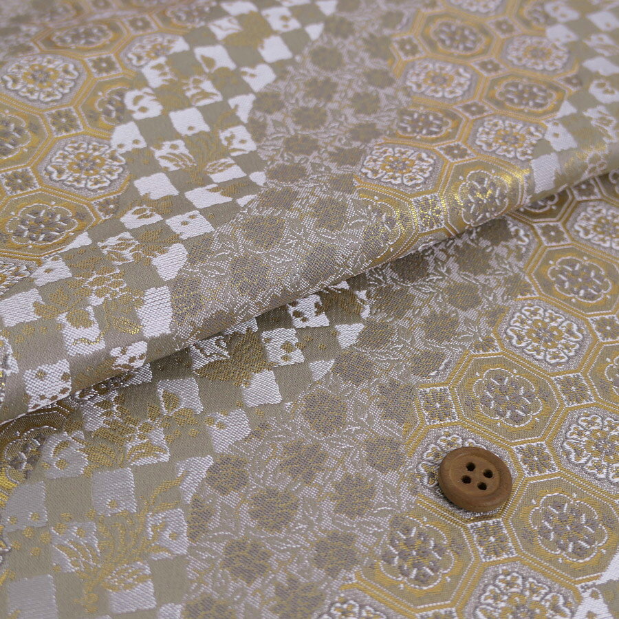 Rakuten - 金襴生地(金らん) 蜀江文と市松の道長取り(白ねず) 10cm単位 切り売り