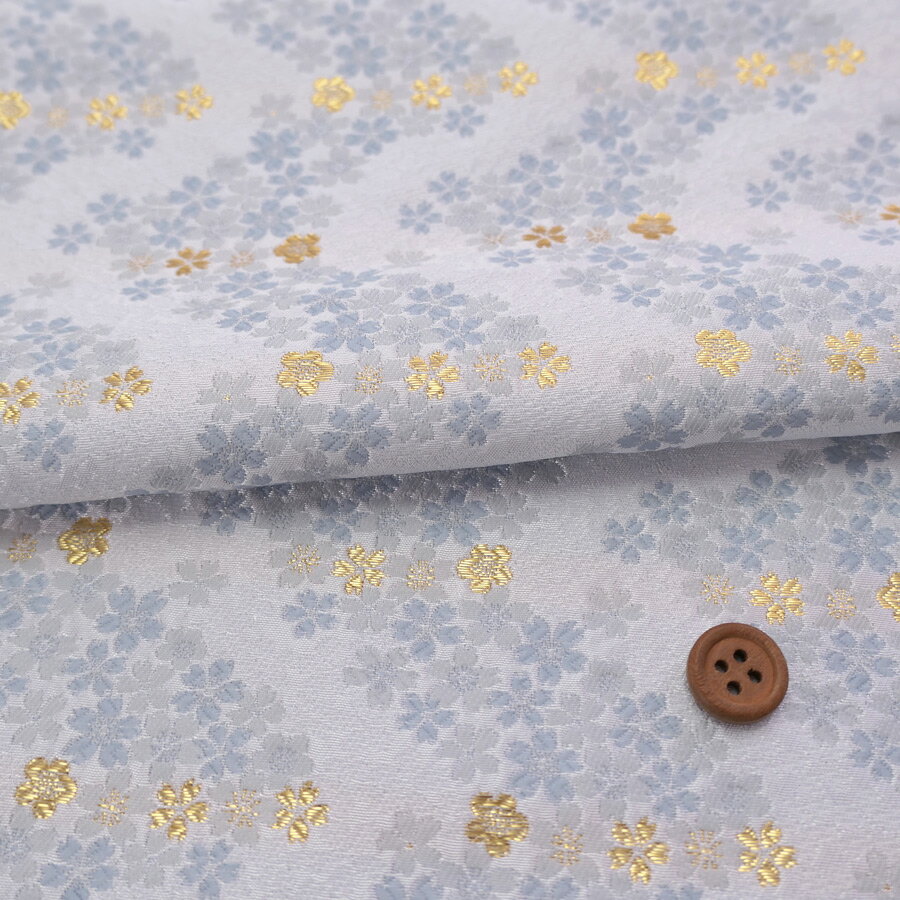 Rakuten - 金襴生地(金らん) 桜波(白/水色) 10cm単位 切り売り