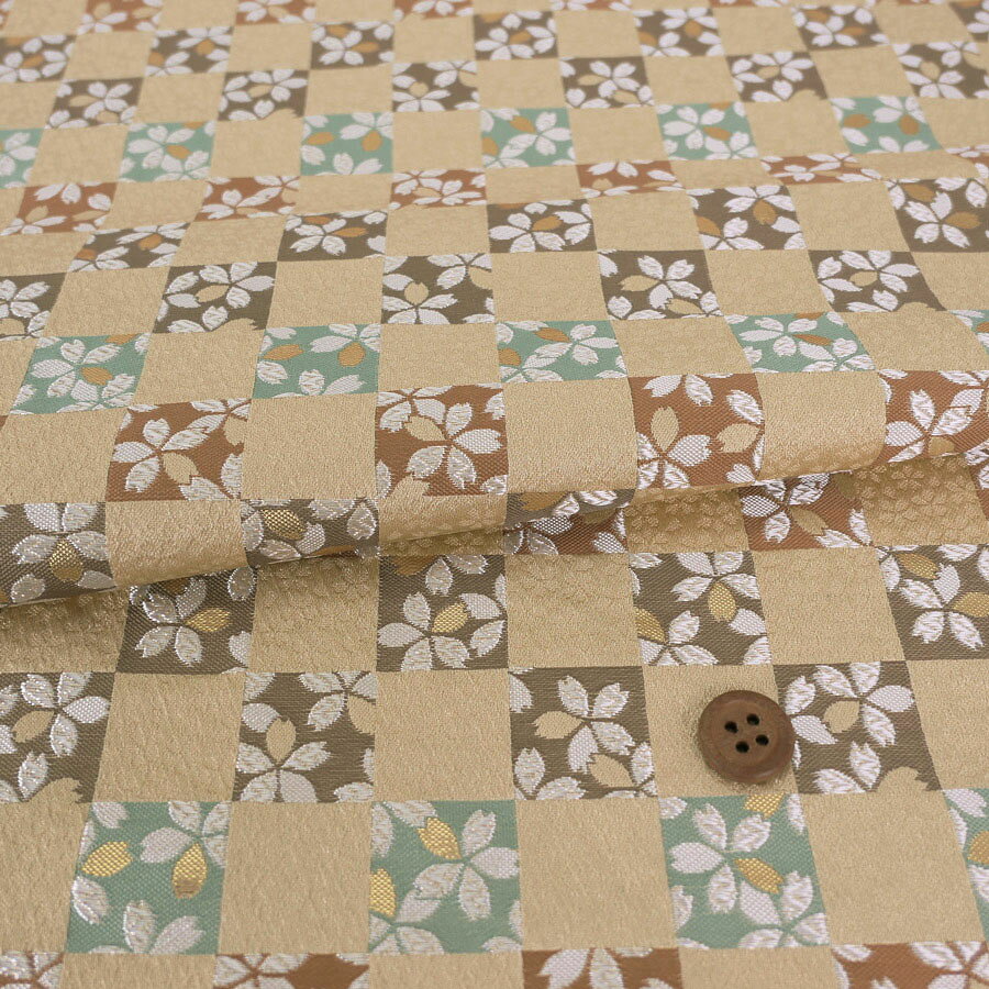 Rakuten - 金襴生地(金らん) 市松にのぞく桜(ベージュ) 10cm単位 切り売り