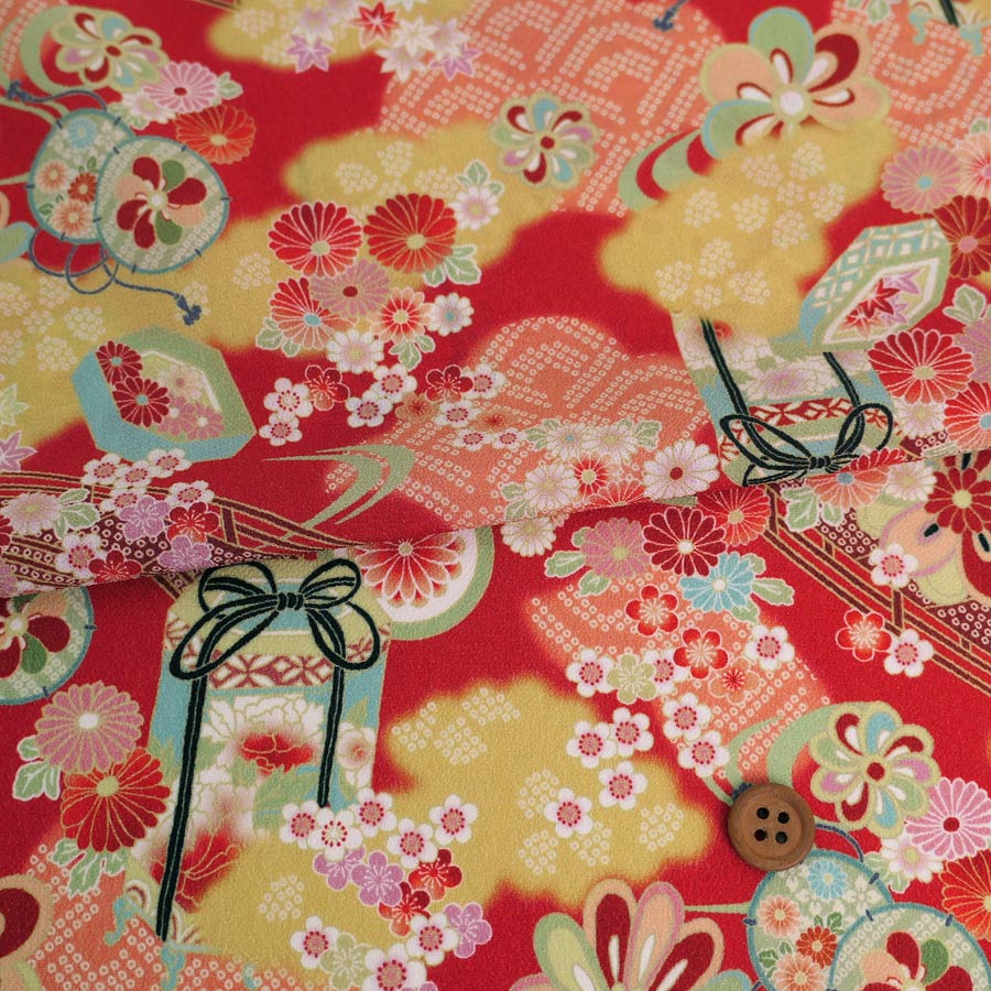乐天商城 - 一越ちりめん生地 貝桶と花鼓(赤)【布がたりオリジナル】10cm単位 切り売り
