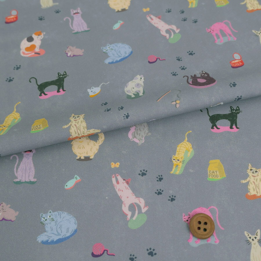 Rakuten - コットン生地 からふる猫の自由な日々(グレー) 10cm単位 切り売り